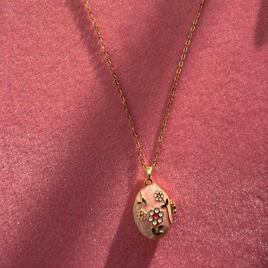 Stainless Steel Gold Plated Floral Enamel Openable Photo Locket Pendant Necklace for Women(Pink)