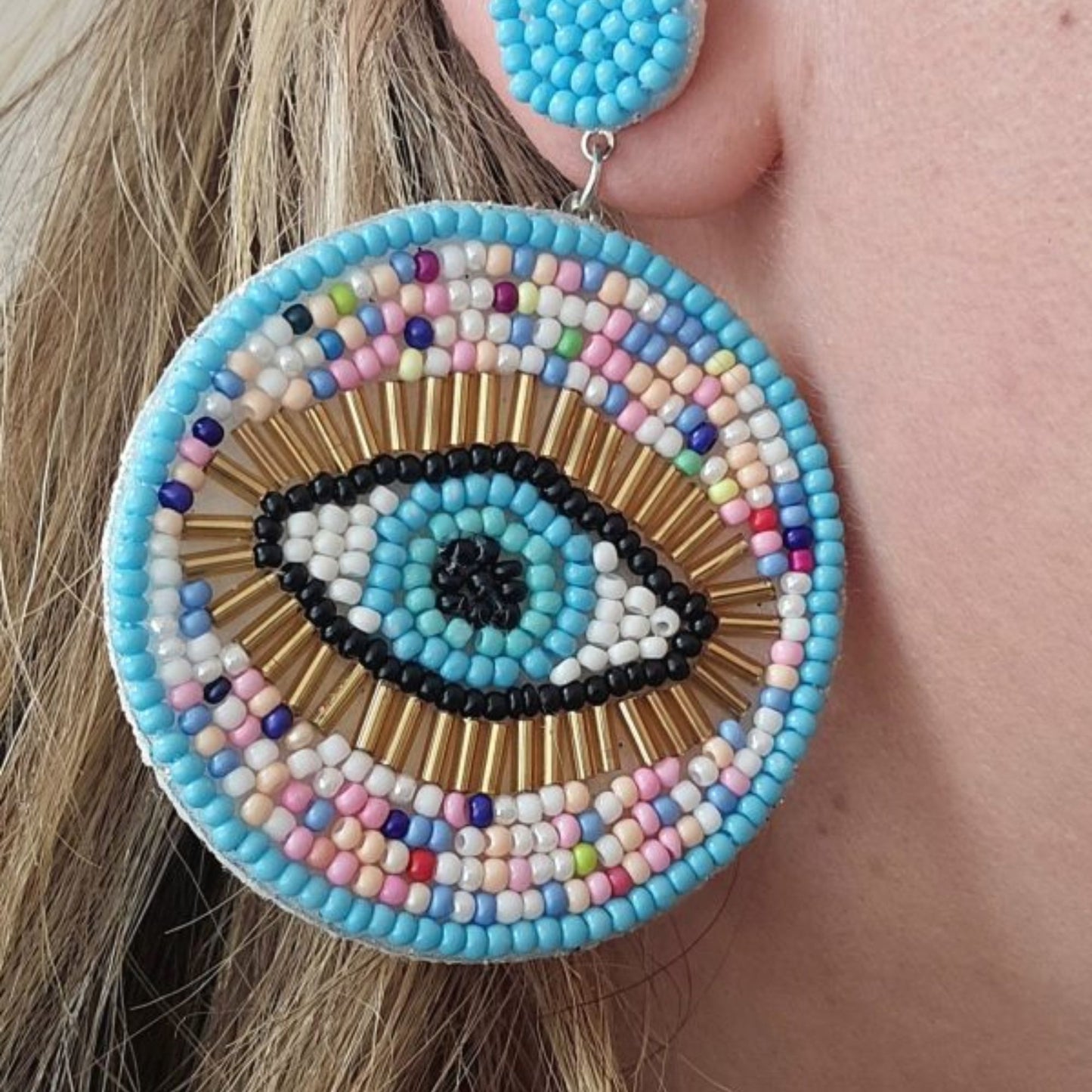 Handmade Beaded Evil Eye Earrings(sky)