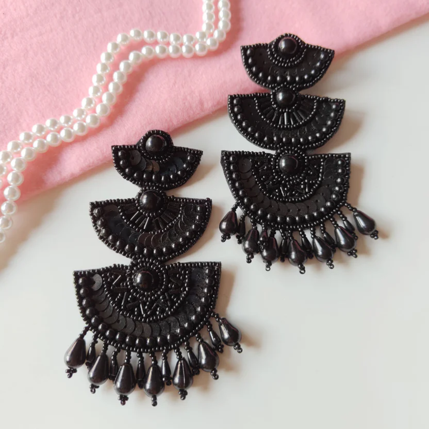 Handmade Beaded Beads and Sequin s Studded Contemporary Layered Design Chandbali Earrings(black)