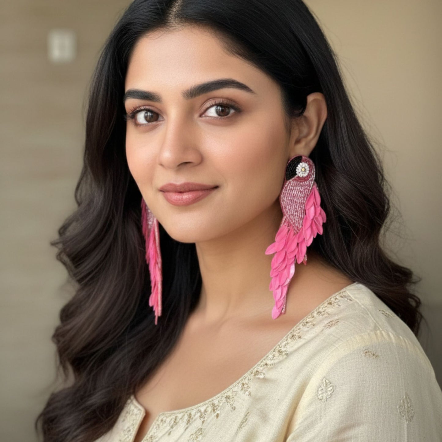 Handmade Beaded Parrot Earrings(Pink)