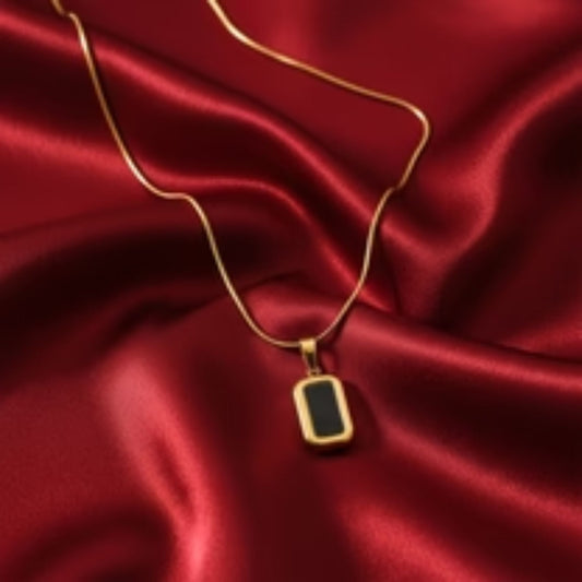 Stainless Steel Gold Plated Black Onyx Rectangle Pendant Neckalce(Anti-Tarnish)