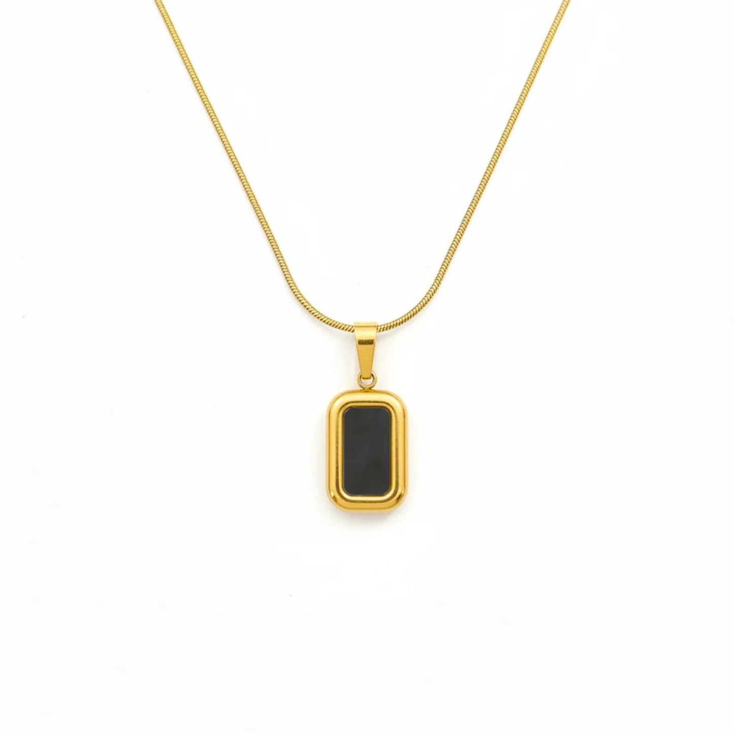 Stainless Steel Gold Plated Black Onyx Rectangle Pendant Neckalce(Anti-Tarnish)