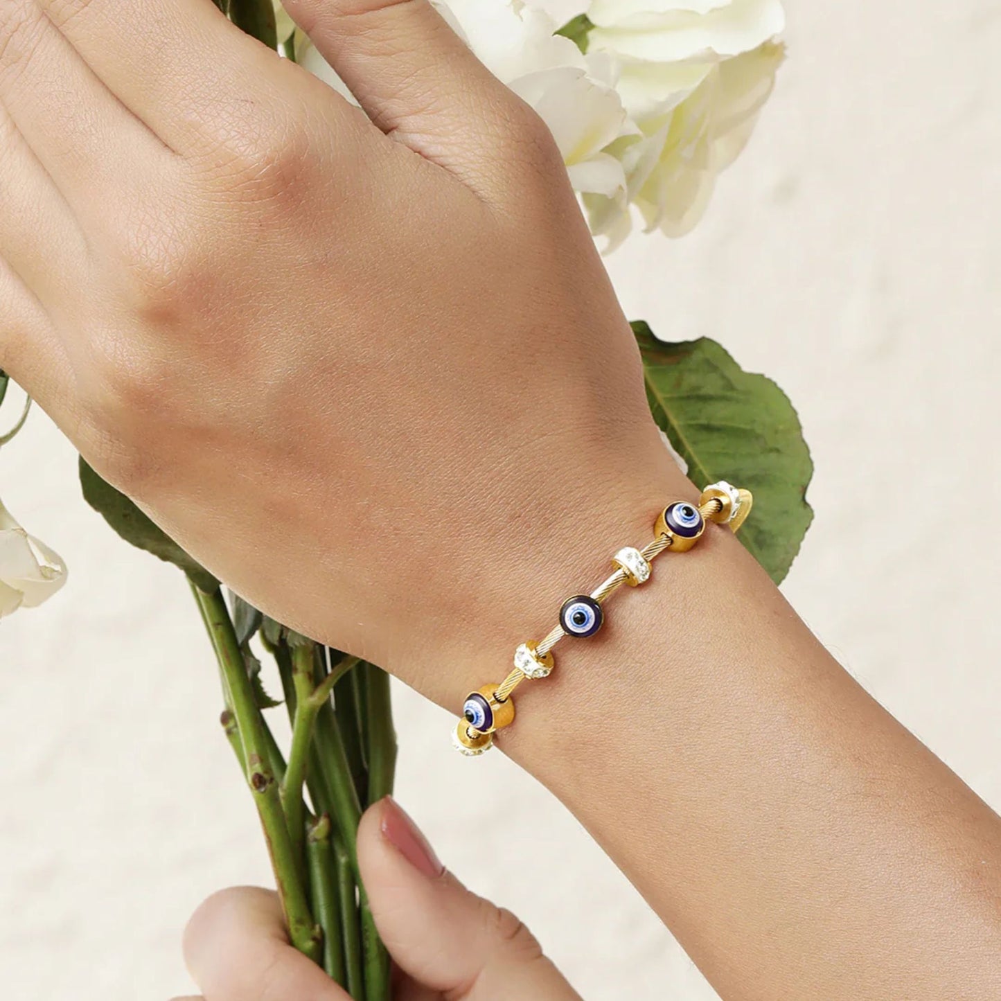 Gold Plated Studded Evil Eye Charm Bracelet for Women(Anti-Tarnish)