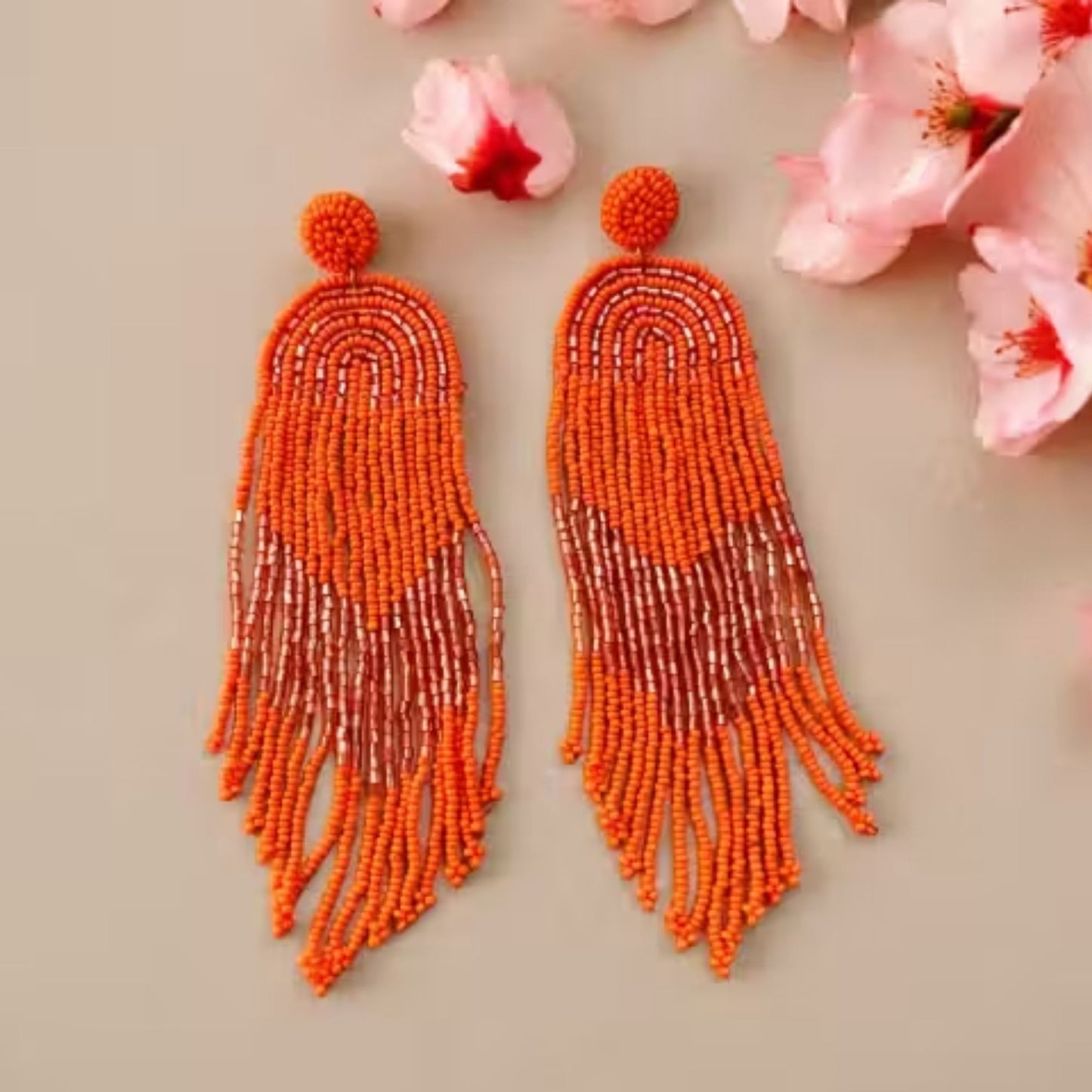 Handmade Beaded Bohemian statement Tassel Earrings(orange)