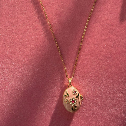 Stainless Steel Gold Plated Floral Enamel Openable Photo Locket Pendant Necklace for Women(Pink)