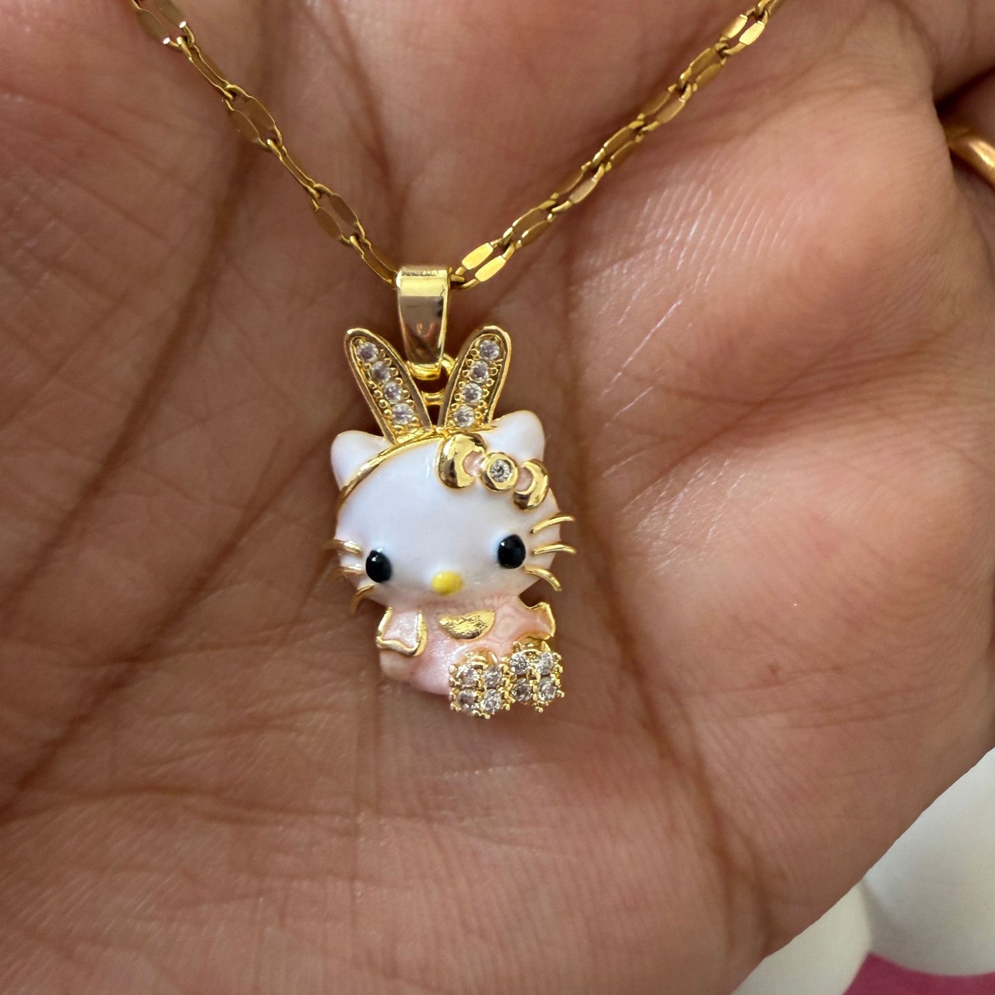 Stainless Steel Gold Plated Pink Kitty Pendant Necklace for Women(Anti-Tarnish)