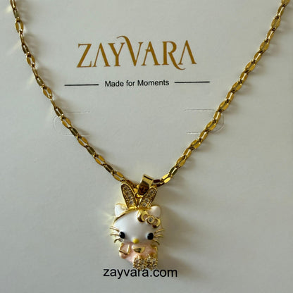 Stainless Steel Gold Plated Pink Kitty Pendant Necklace for Women(Anti-Tarnish)