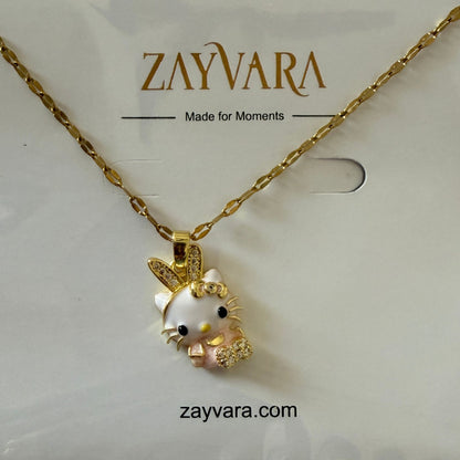 Stainless Steel Gold Plated Pink Kitty Pendant Necklace for Women(Anti-Tarnish)