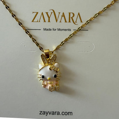 Stainless Steel Gold Plated Pink Kitty Pendant Necklace for Women(Anti-Tarnish)