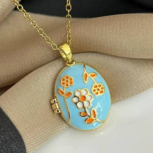 Stainless Steel Gold Plated Floral Enamel Openable Photo Locket Pendant Necklace for Women(Sky Blue)
