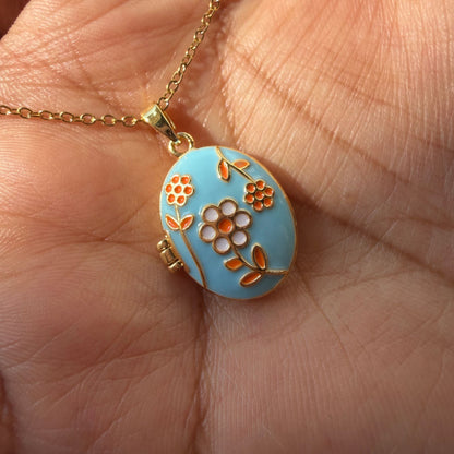 Stainless Steel Gold Plated Floral Enamel Openable Photo Locket Pendant Necklace for Women(Sky Blue)