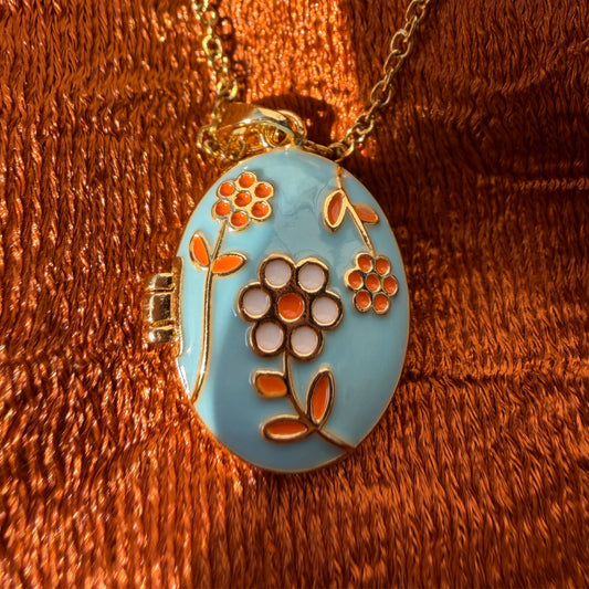 Stainless Steel Gold Plated Floral Enamel Openable Photo Locket Pendant Necklace for Women(Sky Blue)