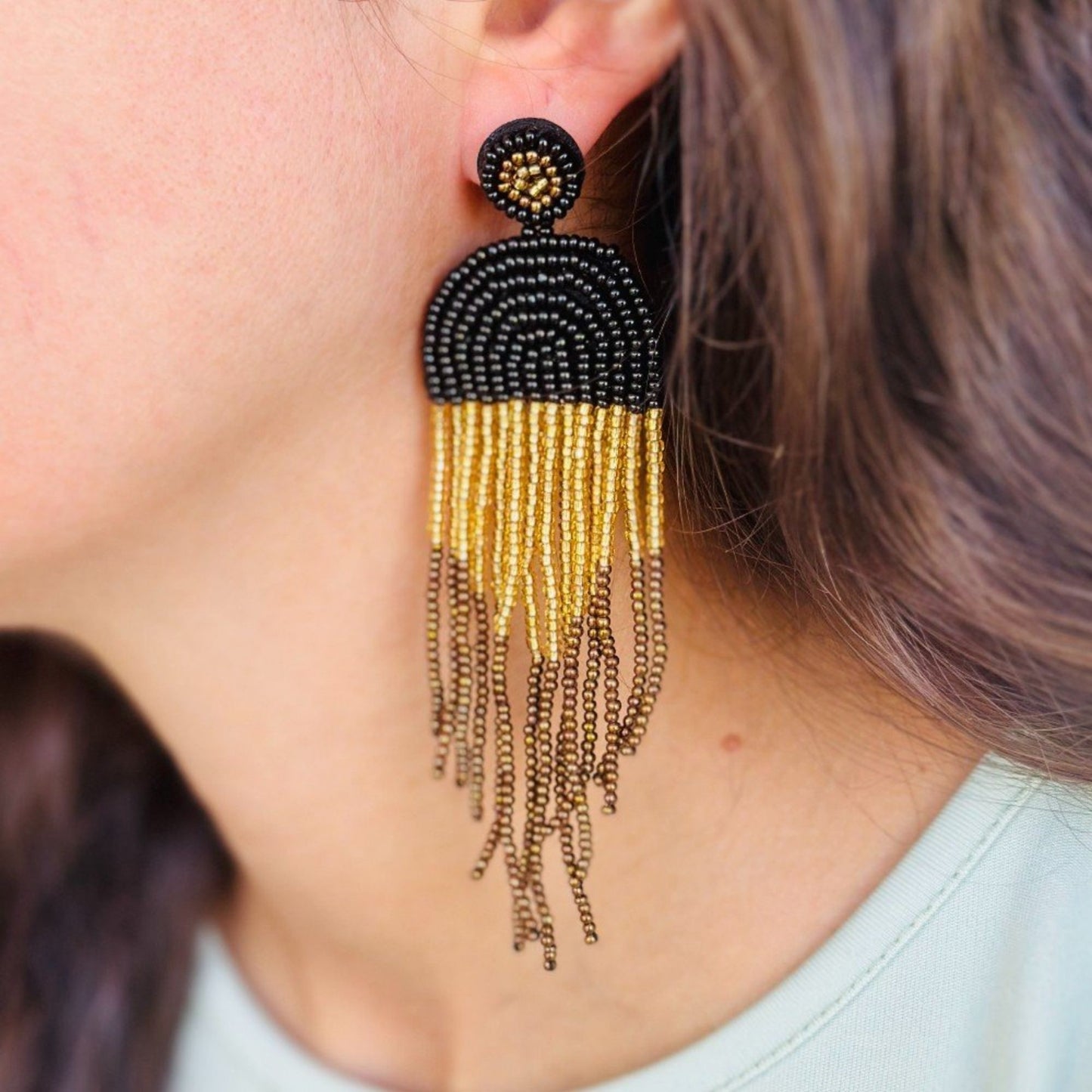 Handmade Beaded Bohemian  statement Tassel Earrings(golden black)