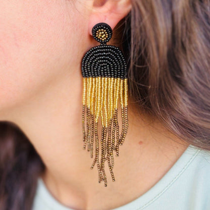 Handmade Beaded Bohemian  statement Tassel Earrings(golden black)