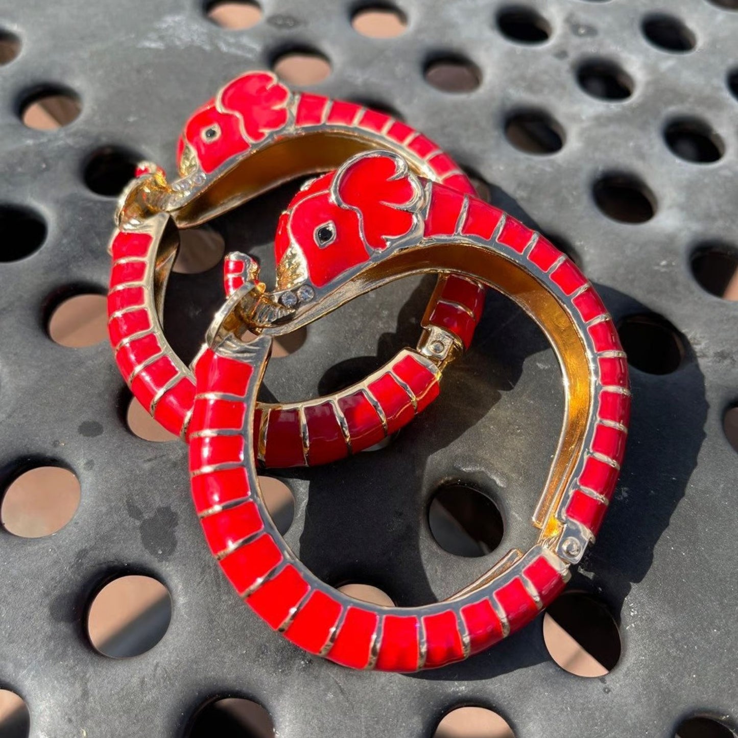 Vintage Red Enamel Elephant Hinged Bracelet for Women