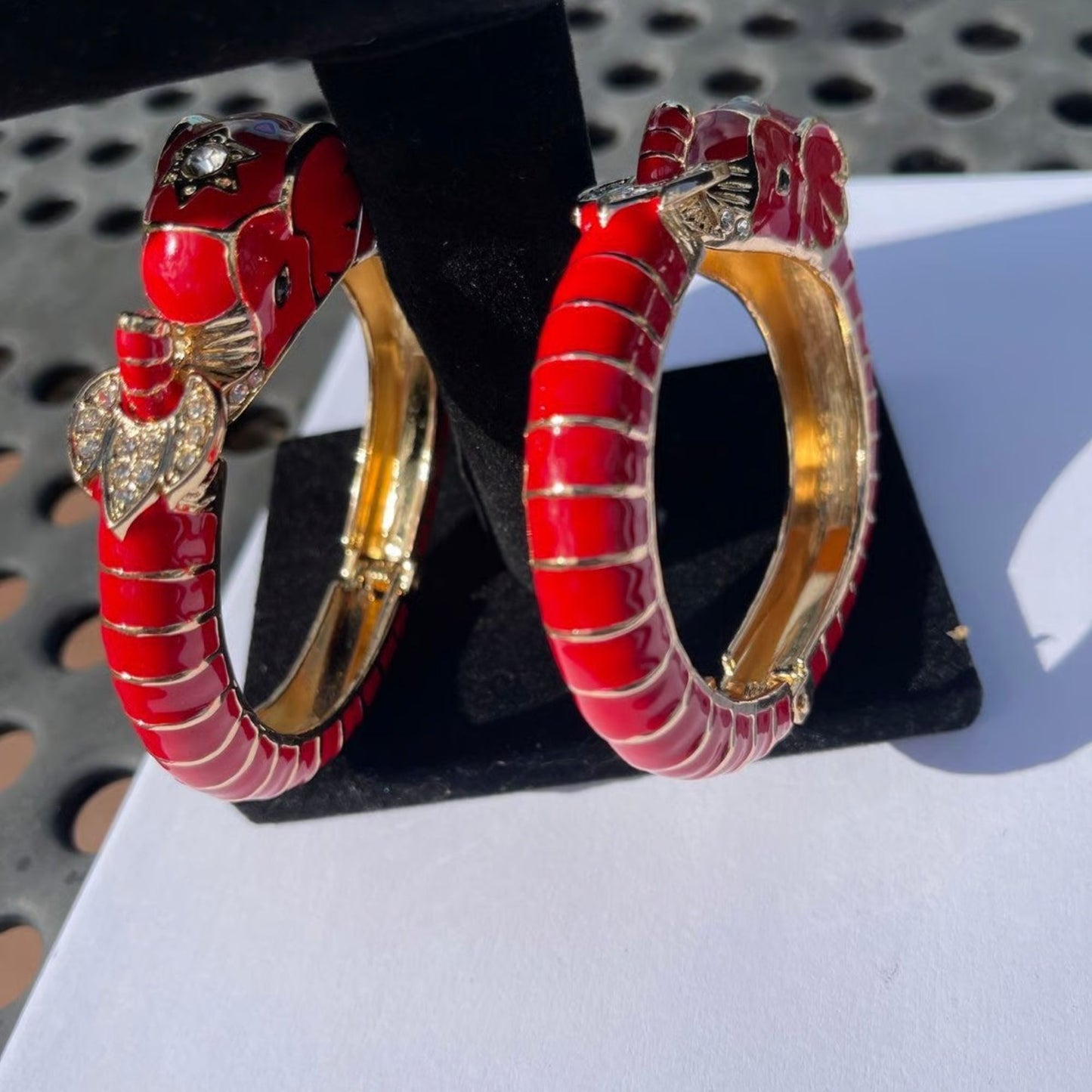 Vintage Red Enamel Elephant Hinged Bracelet for Women