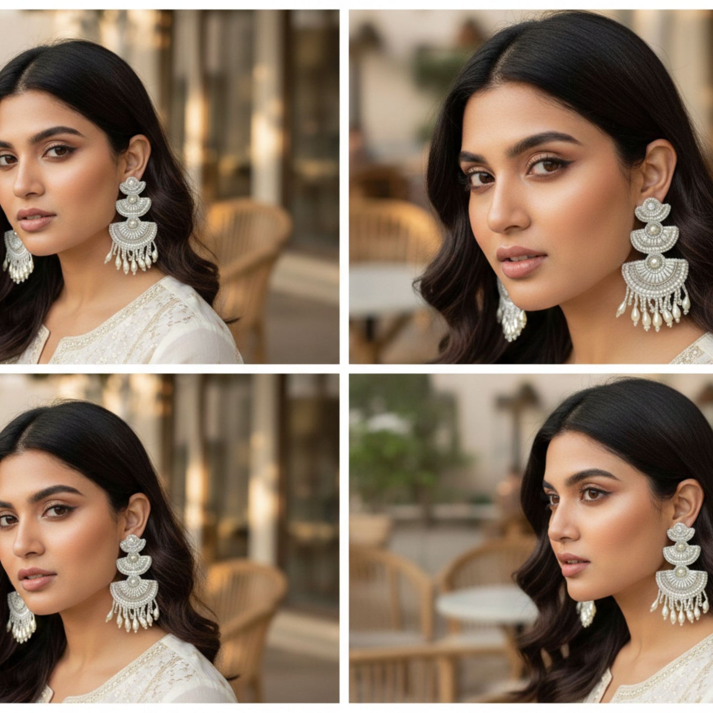 Handmade Beaded   Beads and Sequin s Studded Contemporary Layered Design Chandbali Earrings(off white)
