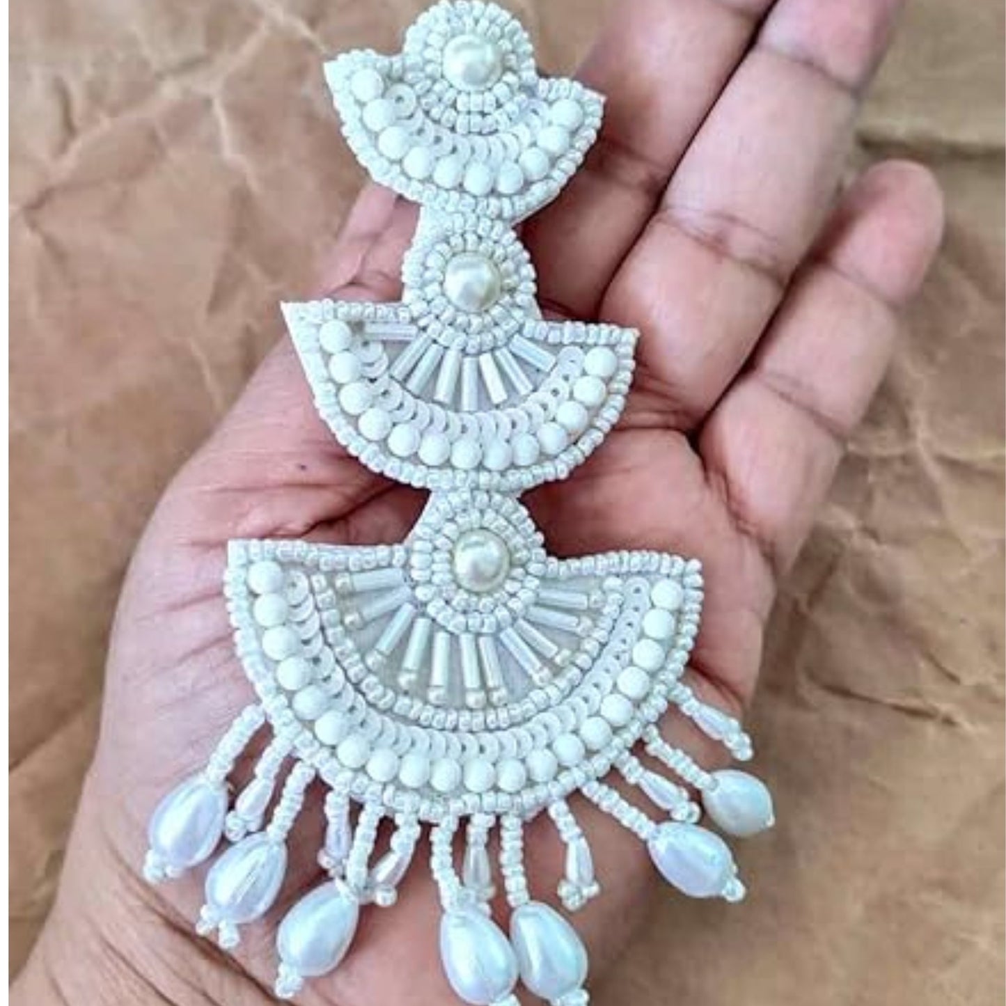 Handmade Beaded   Beads and Sequin s Studded Contemporary Layered Design Chandbali Earrings(off white)