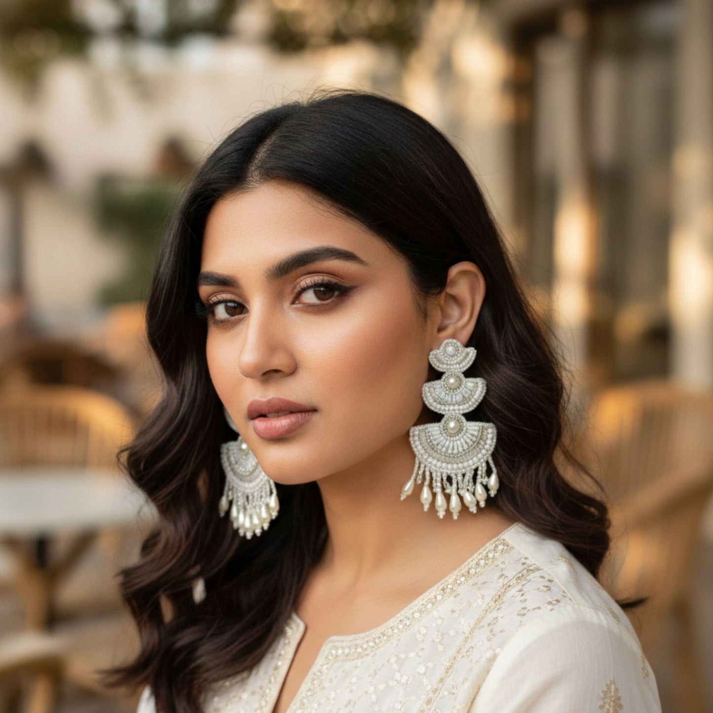 Handmade Beaded   Beads and Sequin s Studded Contemporary Layered Design Chandbali Earrings(off white)