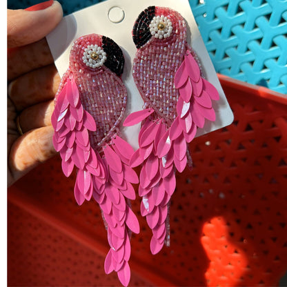 Handmade Beaded Parrot Earrings(Pink)