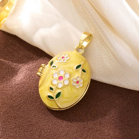 Stainless Steel Gold Plated Floral Enamel Openable Photo Locket Pendant Necklace for Women(Yellow)