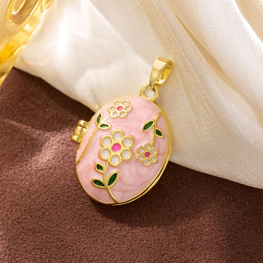Stainless Steel Gold Plated Floral Enamel Openable Photo Locket Pendant Necklace for Women(Pink)