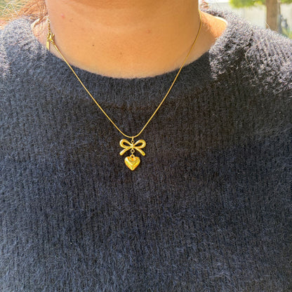 Stainless Steel Gold Plated Gold Bow Heart Pendant Neckalce(Anti-Tarnish)