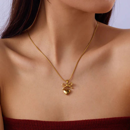 Stainless Steel Gold Plated Gold Bow Heart Pendant Neckalce(Anti-Tarnish)