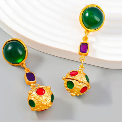 Gold Toned Ball Shaped Drop Earrings with Artificial Stone