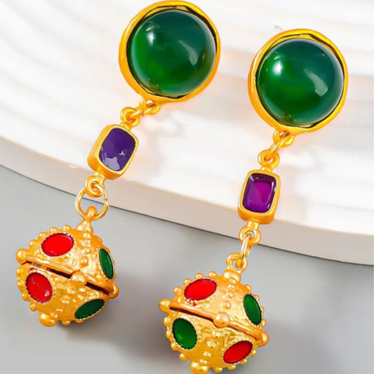 Gold Toned Ball Shaped Drop Earrings with Artificial Stone