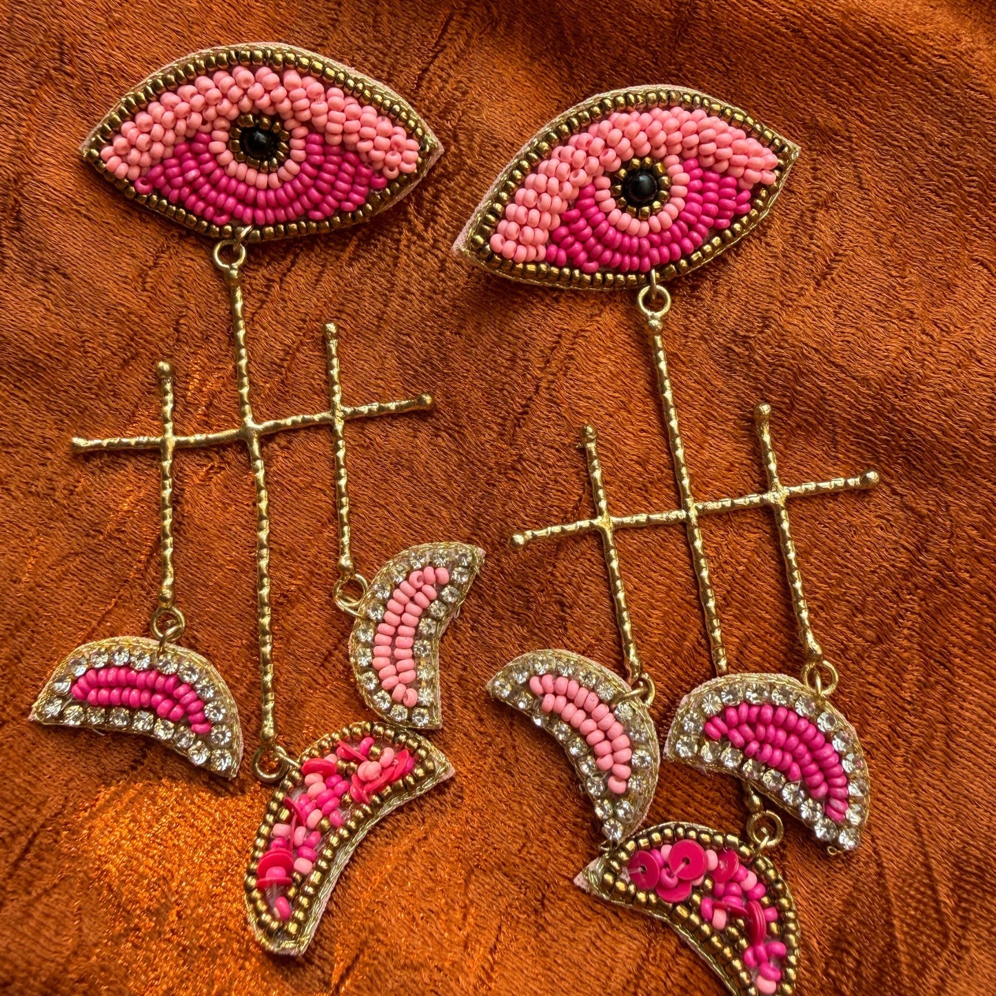 Handmade Eye Beaded Earrings(Pink)