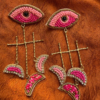Handmade Eye Beaded Earrings(Pink)