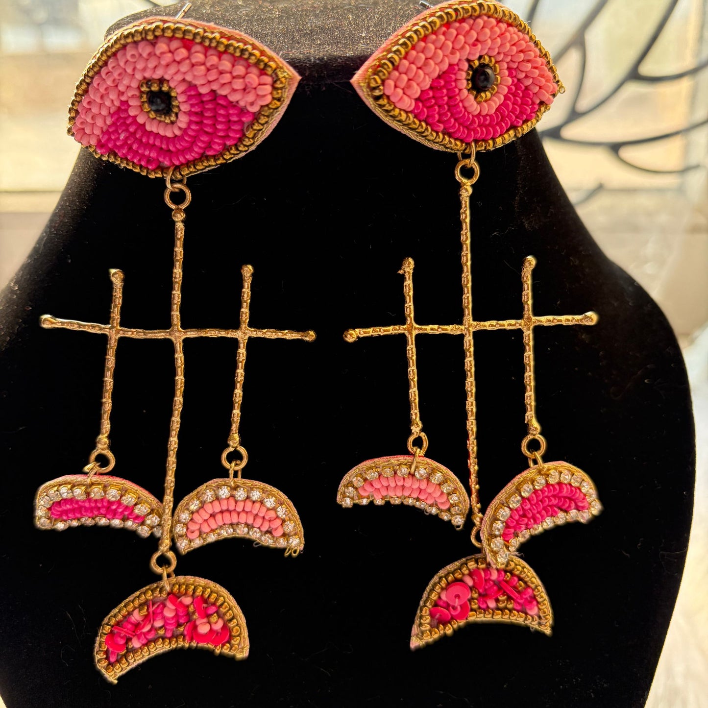 Handmade Eye Beaded Earrings(Pink)