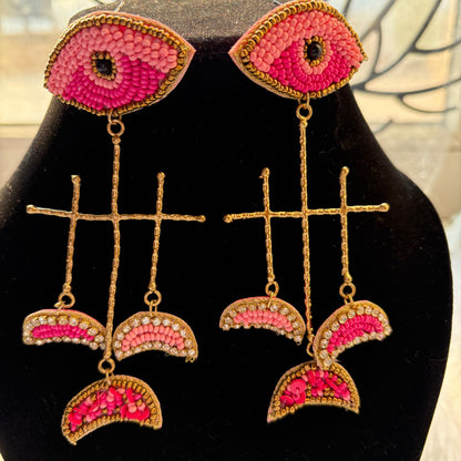 Handmade Eye Beaded Earrings(Pink)