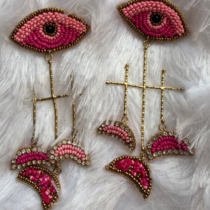 Handmade Eye Beaded Earrings(Pink)