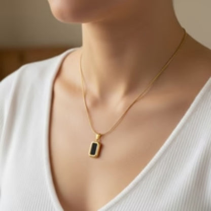 Stainless Steel Gold Plated Black Onyx Rectangle Pendant Neckalce(Anti-Tarnish)