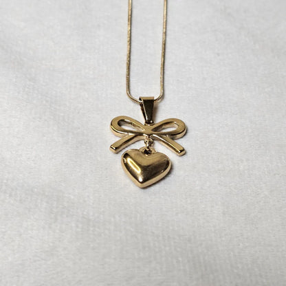Stainless Steel Gold Plated Gold Bow Heart Pendant Neckalce(Anti-Tarnish)