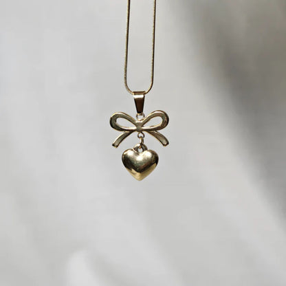 Stainless Steel Gold Plated Gold Bow Heart Pendant Neckalce(Anti-Tarnish)