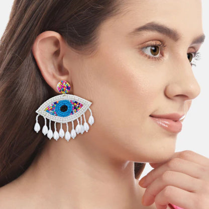 Handmade Beaded Evil Eye  Earrings(white)