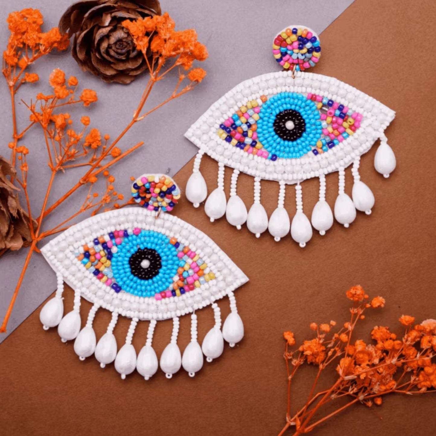 Handmade Beaded Evil Eye  Earrings(white)