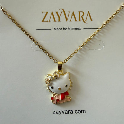 Stainless Steel Gold Plated Red Kitty Pendant Necklace for Women(Anti-Tarnish)