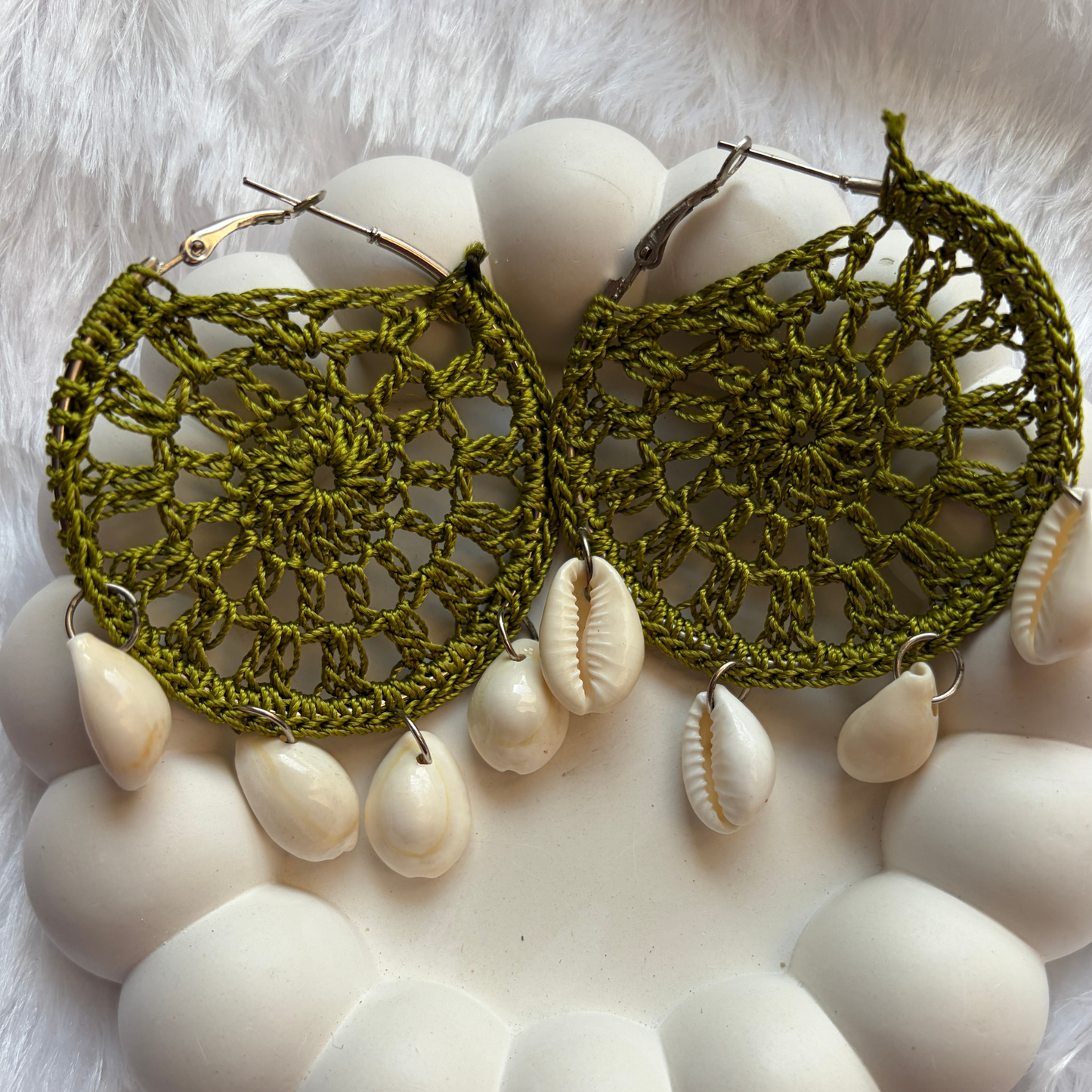 Handmade Beaded Thread Knitted Round Shape Designer Earrings(olive green)