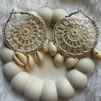 Handmade Beaded Thread Knitted Round Shape Designer Earrings(white)