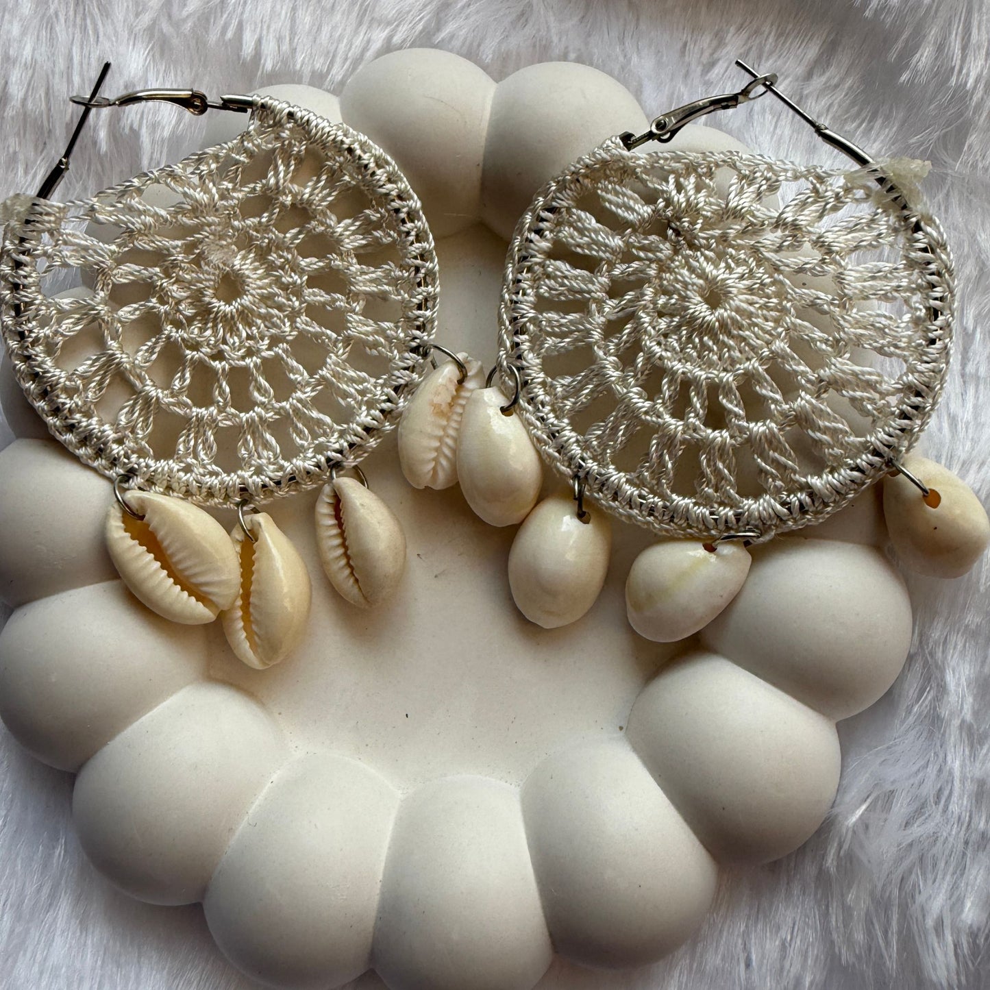 Handmade Beaded Thread Knitted Round Shape Designer Earrings(white)