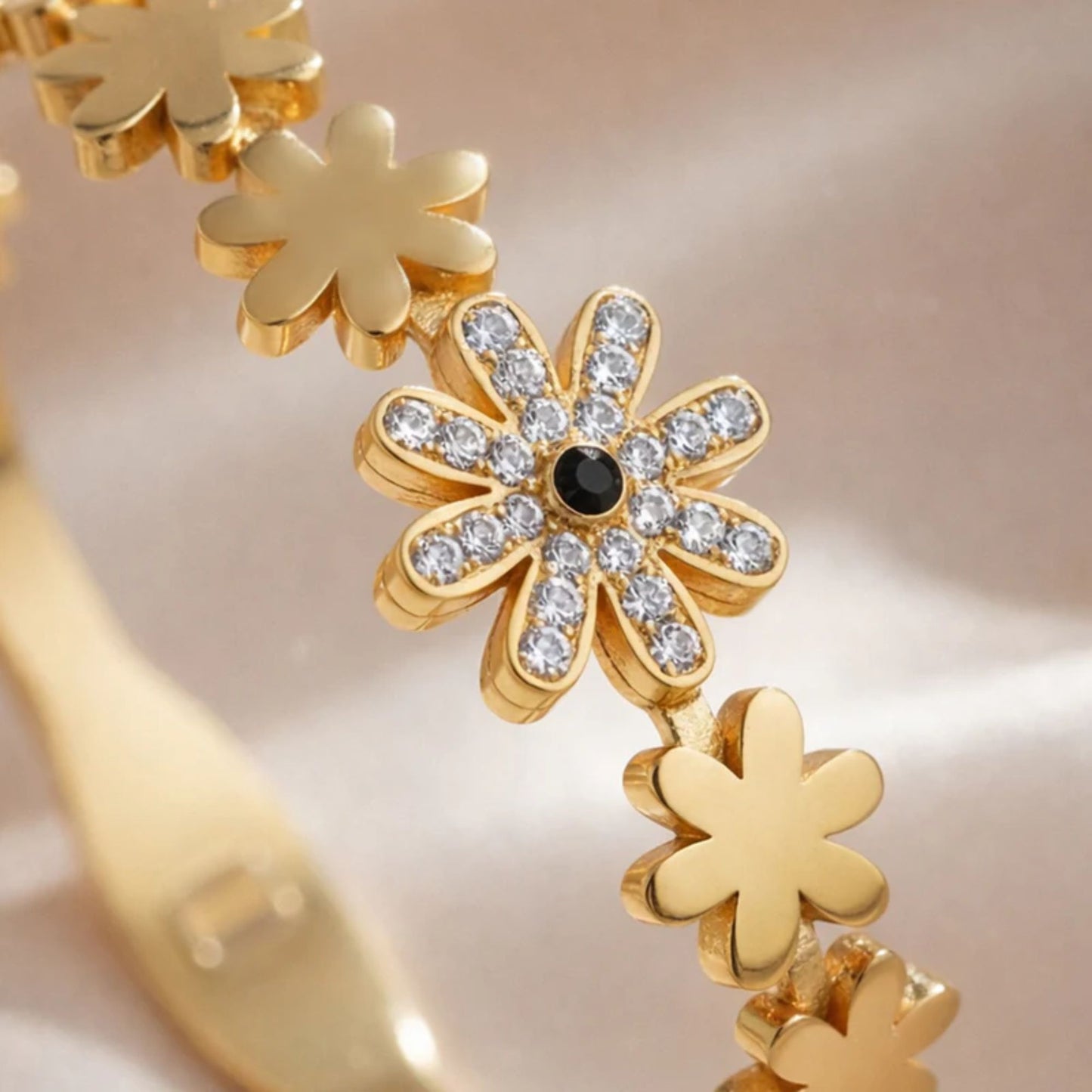 Gold Plated Floral Crystal Open Bangle Bracelet for Women(Anti-Tarnish)