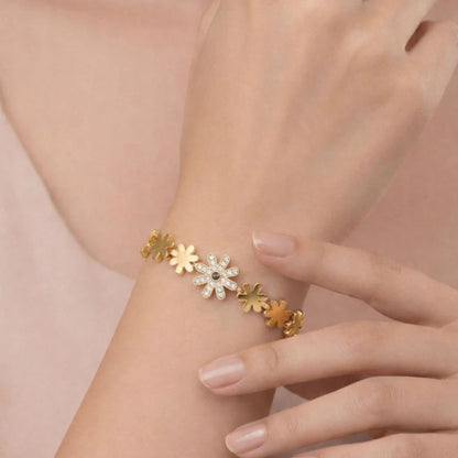 Gold Plated Floral Crystal Open Bangle Bracelet for Women(Anti-Tarnish)