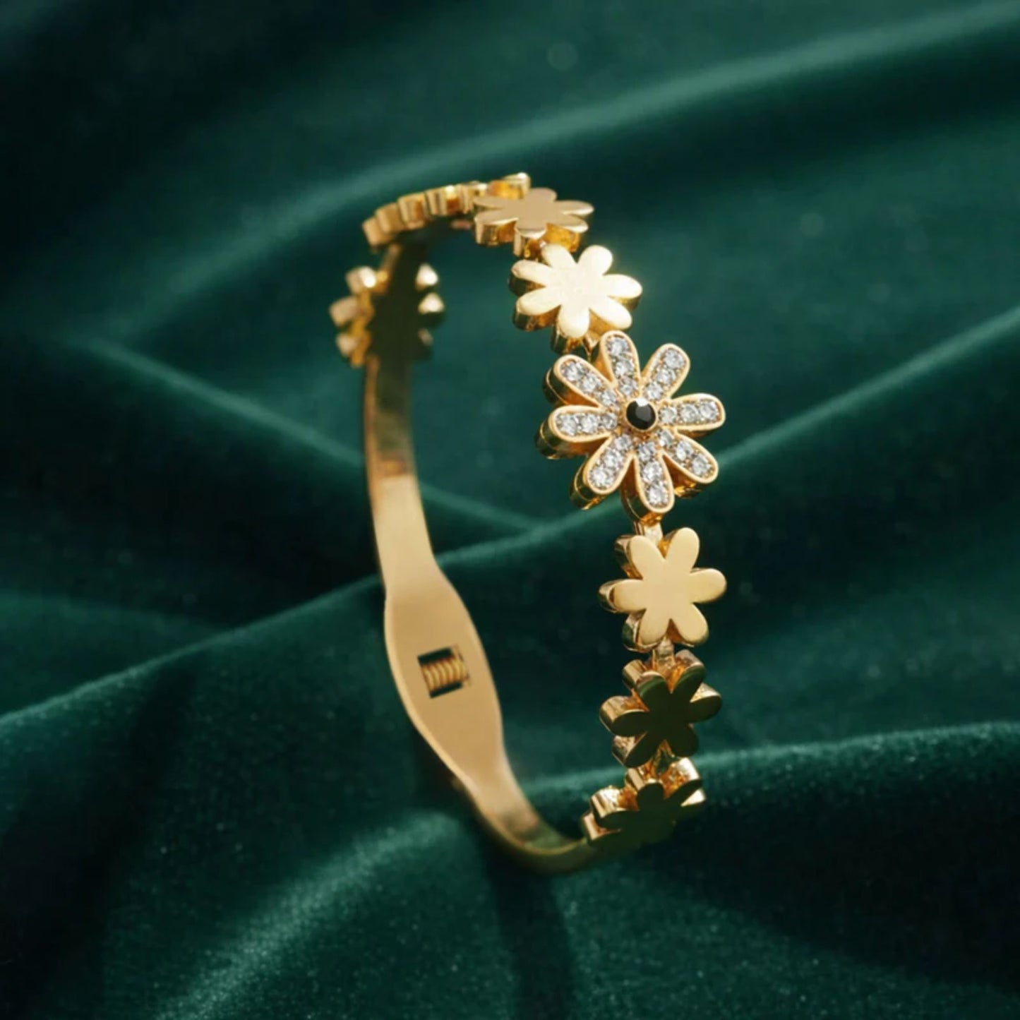 Gold Plated Floral Crystal Open Bangle Bracelet for Women(Anti-Tarnish)