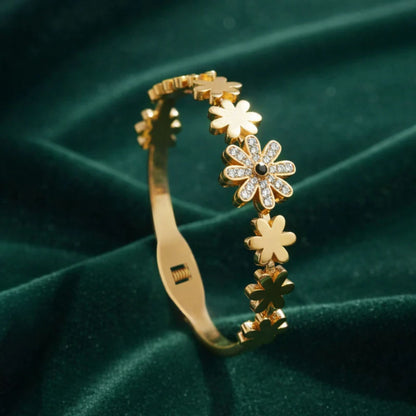 Gold Plated Floral Crystal Open Bangle Bracelet for Women(Anti-Tarnish)