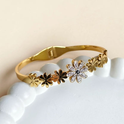 Gold Plated Floral Crystal Open Bangle Bracelet for Women(Anti-Tarnish)