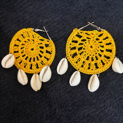 Handmade Beaded Thread Knitted Round Shape Designer Earrings(yellow)